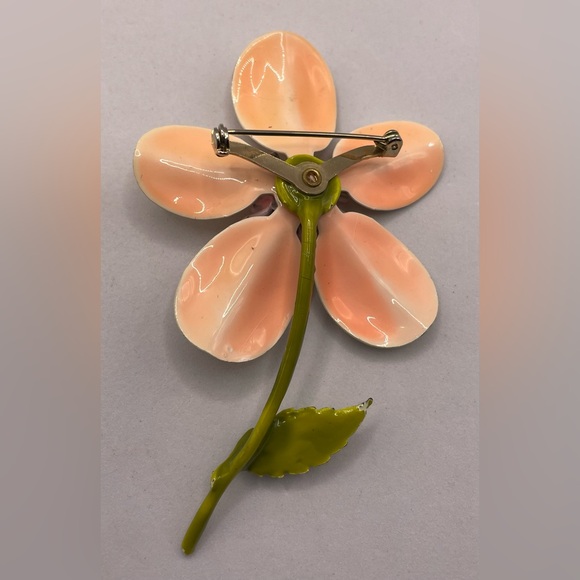 Vintage Large Enamel Stemmed Flower Brooch Pin
